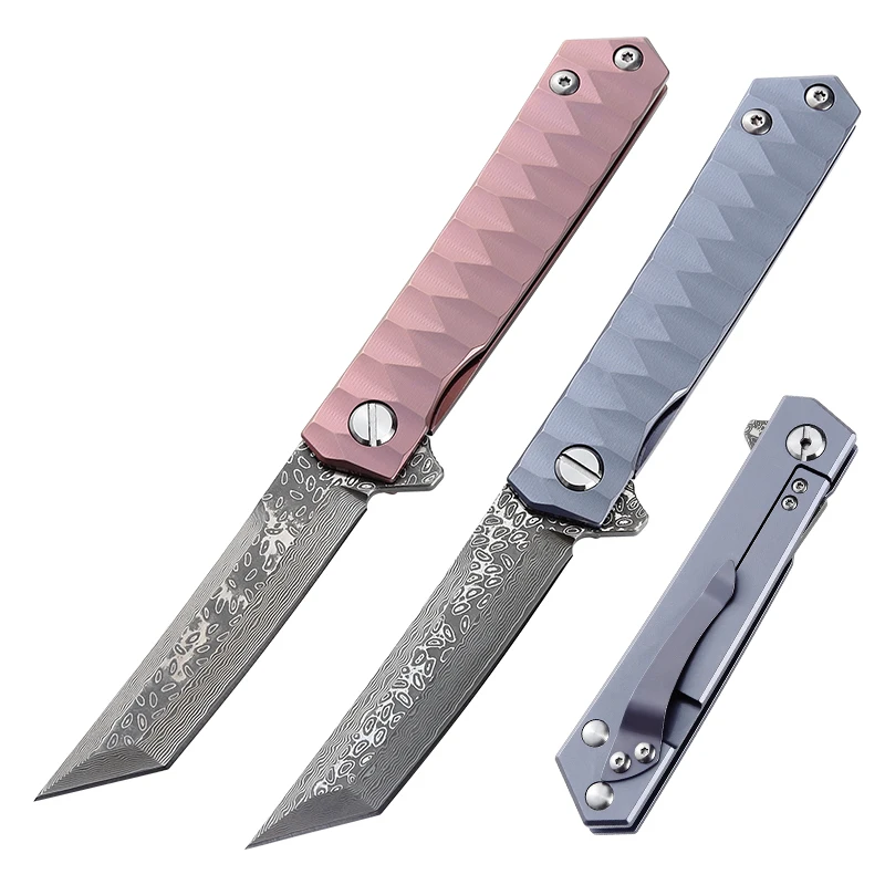 

Excellent Quality stainless steel Jacket Design Blue Pink Color Handle Damascus Steel Pocket Knives Damascus Folding Knife