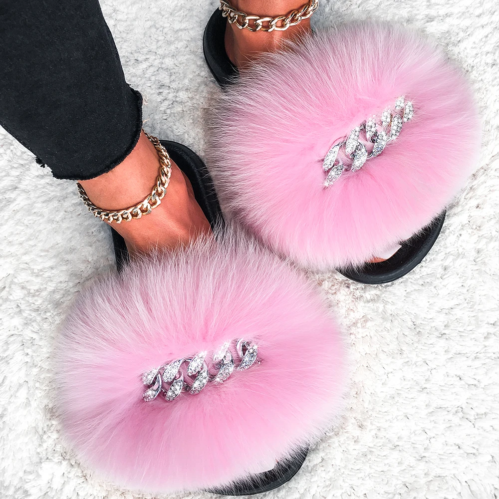 

Summer Beach Women Shoes Sandals Designer Real Fox Fur Slides Chain Fluffy Furry Fur Slippers, As picture show or customized