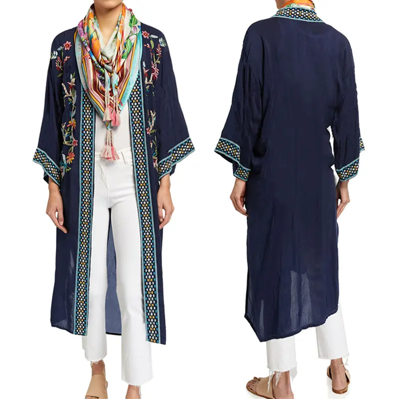

Comfy Navy Blue Floral Embroidered Bordered Long Kimono Cardigan Beach Cover Up