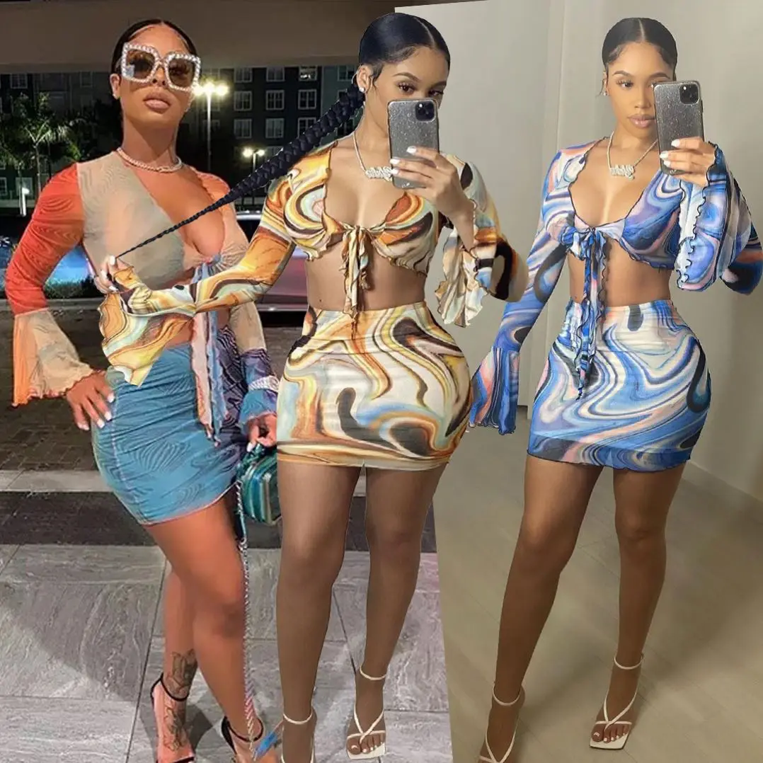 

2021 Spring Ladies Girls' Women Sexy 2 Piece Set Print Cardigan Long Sleeve Skirt Suit Mini Short Skirt Dresses Set Clothing, Shown