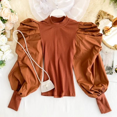 

Korean fashion women court style puff sleeve slim knitted blouse tops