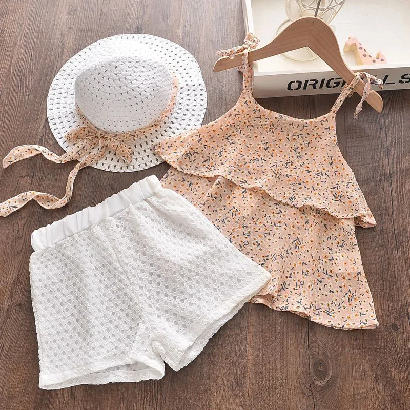 

Bear Leader Girls Summer Kids Floral Chiffon Halter + Embroidered Shorts + Straw Hat Set