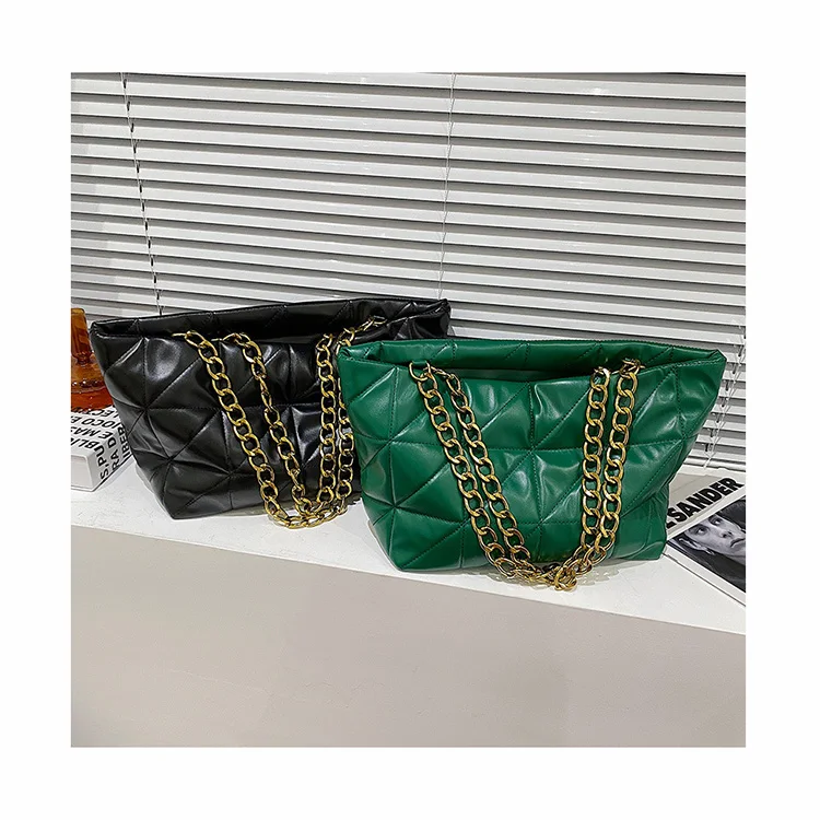 

PU Ladies Thick Chains Bubble Bucket Purses Plaid Women Large Capacity Casual Tote Bags Chic 2021 Fall Winter Handbags for Women