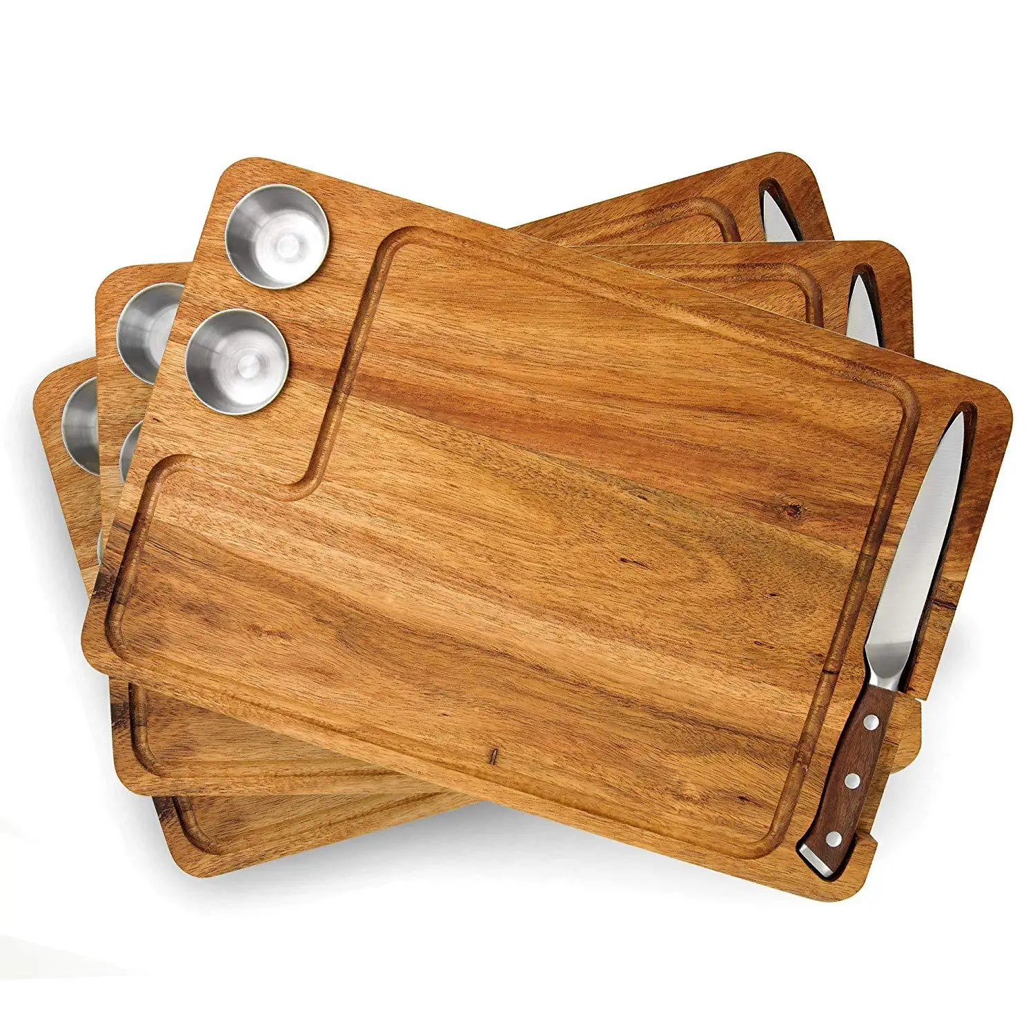 

Wooden Chopping board Pizza steak chopping board with steak knife and Seasoning bowl, Acacia wood grain