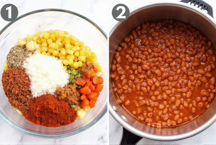 Step-by-step preparation of easy chili beans recipe showing ingredients in mixing bowls and simmering pot