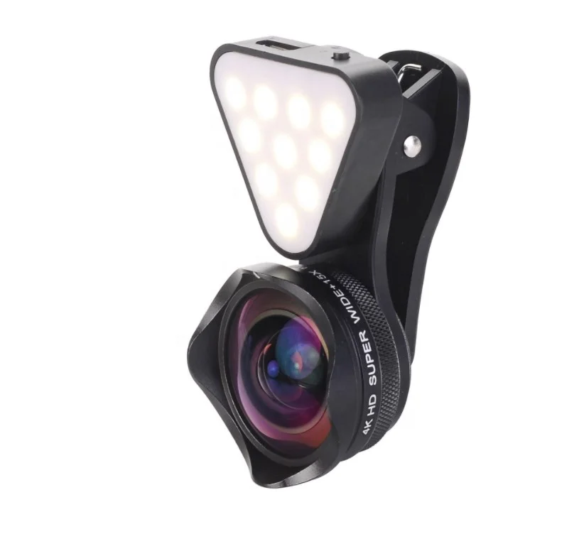 

LED Light High Quality 4K 2 in 1 0.6x Wide Angle 15x Macro Lens For Smartphone, Black pink blue white