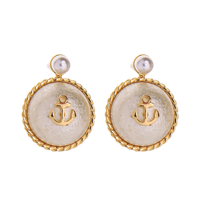 

e0406 New Design Korean Gold Plated Round Anchor Alloy Metal Delicate Women Fashion 2020 Studs Pearl Earrings