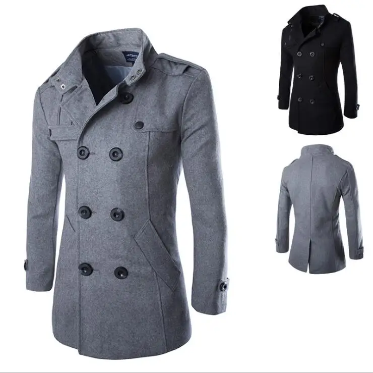 

LM9102Q men woolen overcoat features long double-breasted mens trench coat, Black/gray/dark gray