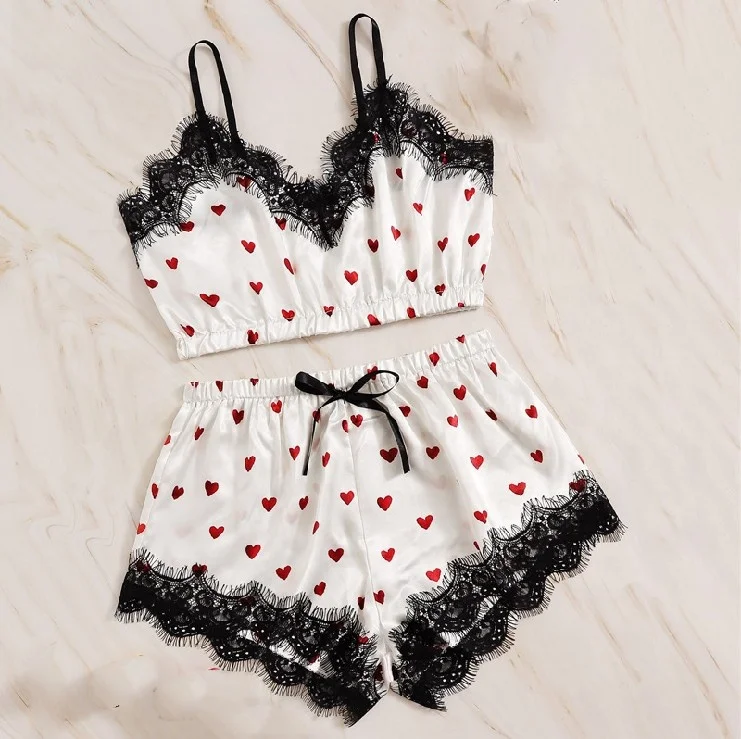 

2020 Summer Women lace Satin Short Pajama Silk Linger Set Ladies Sexy Sleepwear