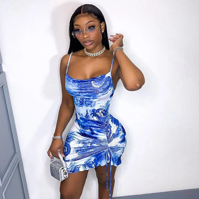 

Stylish Sexy Print Ruched Bodycon Camisole U Neck Mini Dress Party Women Dresses Sleeveless -ZR, Blue