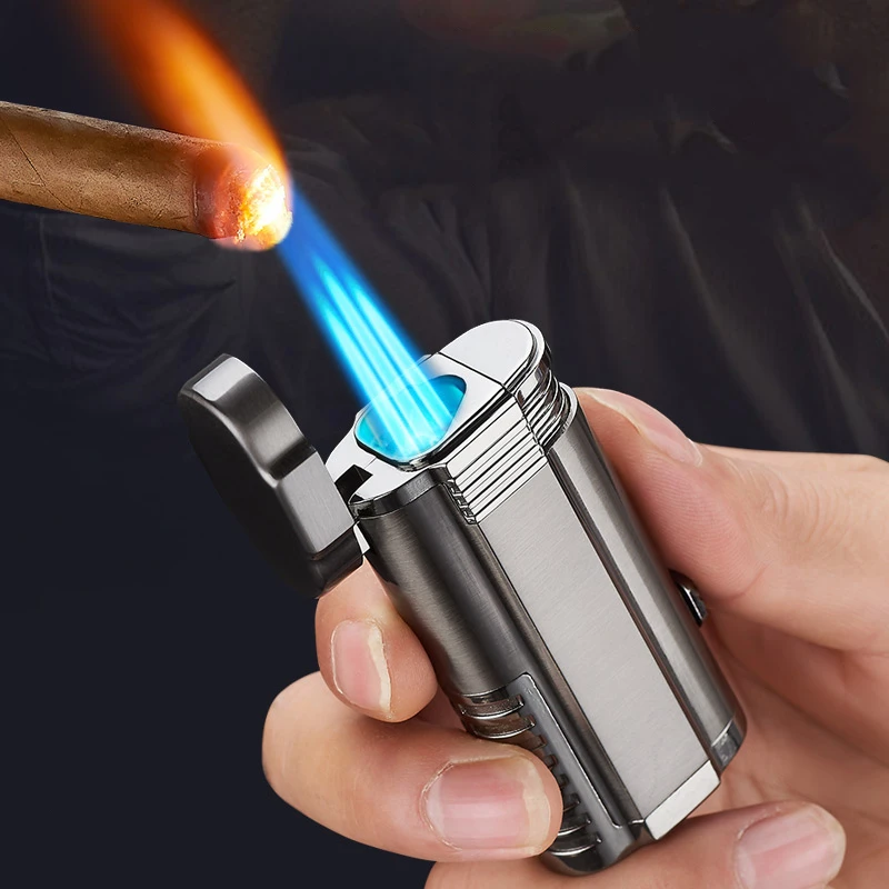 

Dropshipping Cigar Cigarette lighter Strong windproof three fires torch lighter with cigar cutter, Black