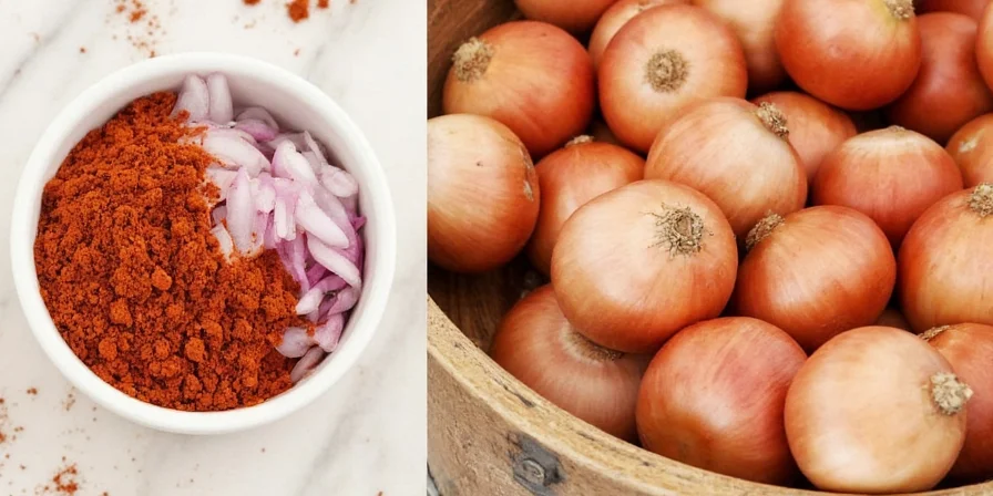 Fresh onions and onion powder on a wooden table