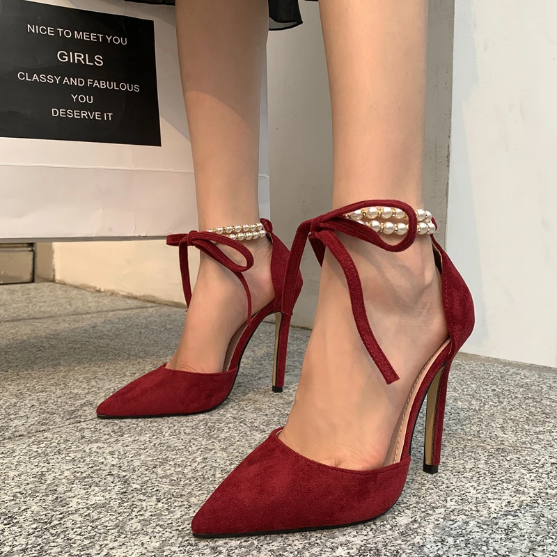 

DEleventh Shoes Woman Hot Selling 2020 Pumps Sexy Pearls New Suede Pointy Toe Lace-Up Stiletto High Heel Party Shoes Summer Rose