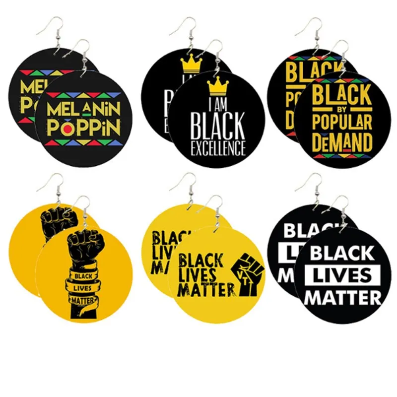 

Black Lives Matter Saying Trendy Women Print Jewelry Natural Wood Drop Earrings Melanin Poppin Afro Power Fist Pattern, As picture or customized