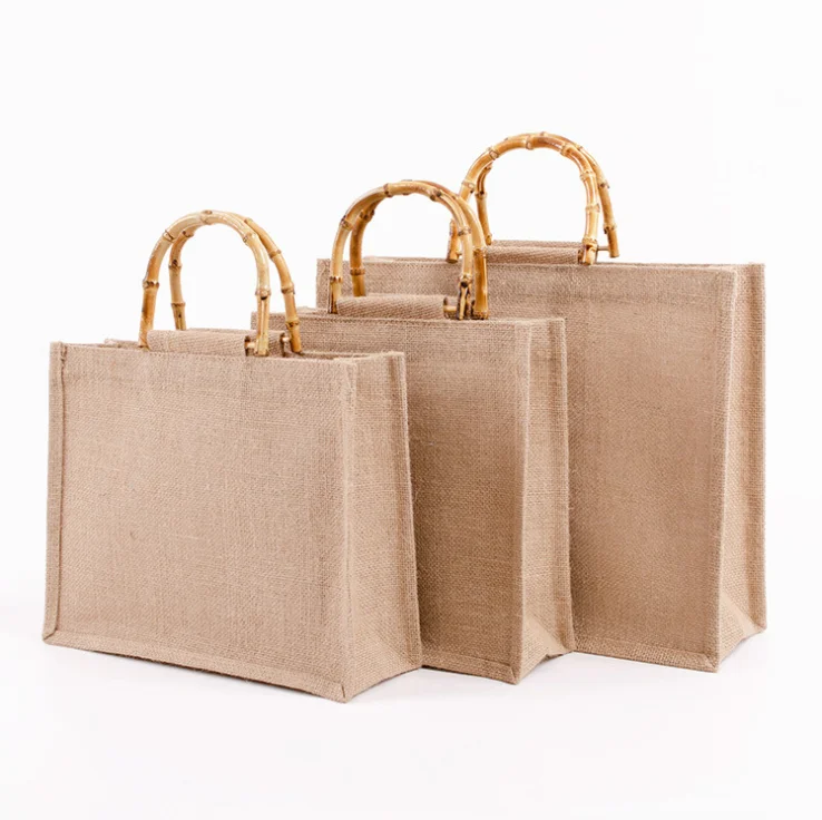 

In stock superior quality waterproof custom jute bag bamboo handle,jute gunny bags,jute tote bag