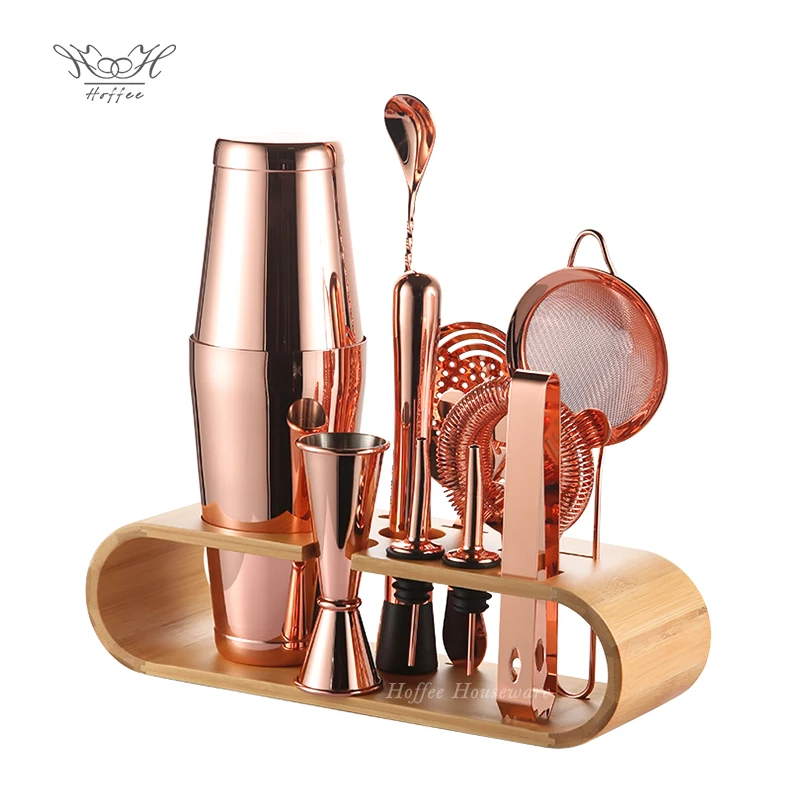 

Wholesale Custom Logo 11pcs Cocktail Shaker Set Stainless Steel Bartender Bar Tools Martini Cocktail Kit With Bamboo Stand, Sliver , copper, gold,gunmetal black , customizable