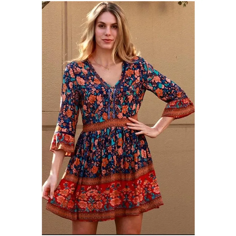 

Bohemia casual dress 2021 new shelves holiday beach skirt V neck print wrinkle characteristics of ethnic clothing Woman's dress