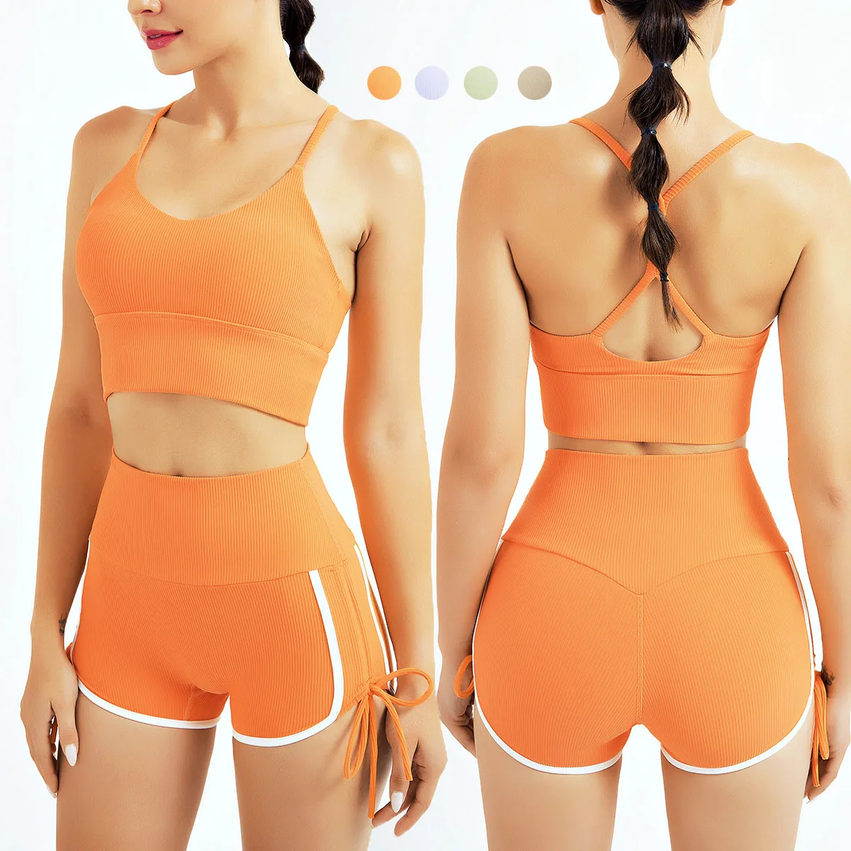 

X Shape Ribbed Breathable No T Line Shorts Workout Suit Sport Bra and Shorts Yoga Set High Quality Workout Set For Woman, Customized colors