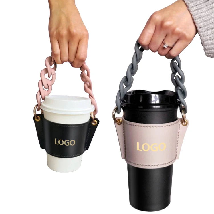 

2022 Hot Handmade Coffee Cup Sleeve Holder Paper Glass Packaging Tea Cup With Acrylic Chain Strap Handle, Brown,black