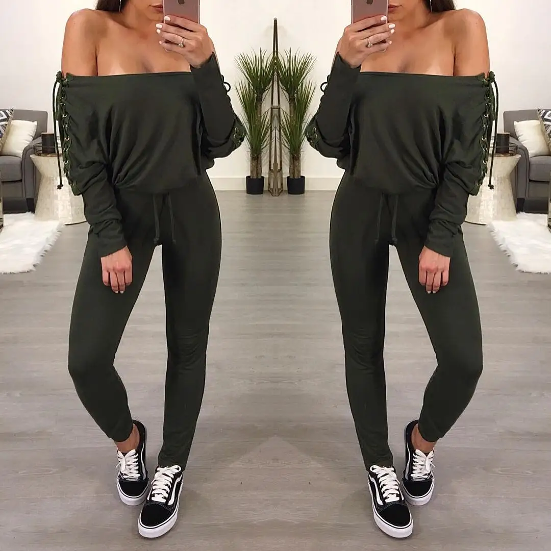 

TOB Winter Rompers Sexy Front Lace up Bodycon Long Jumpsuit Slim Romper JZ098 Pencil Pants Skinny Sexy & Club Mid Waist Printed