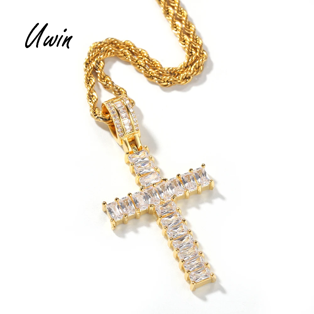 

Hip Hop Gold Plated 5mm Baguette CZ Cross Charm Pendant Golden Bling Rapper Pendants Necklace