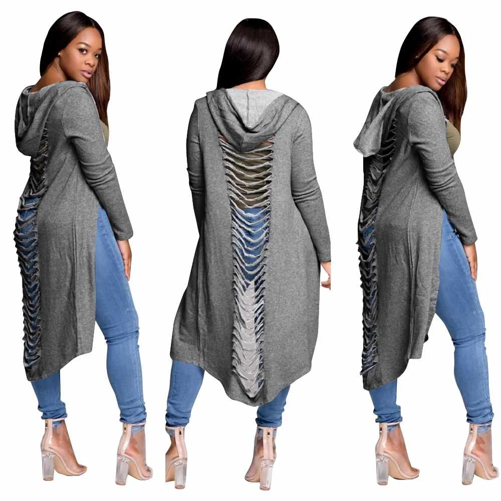 

New Style Sexy Details Long Sleeve Knitted Hooded Women Coat Long Cardigan