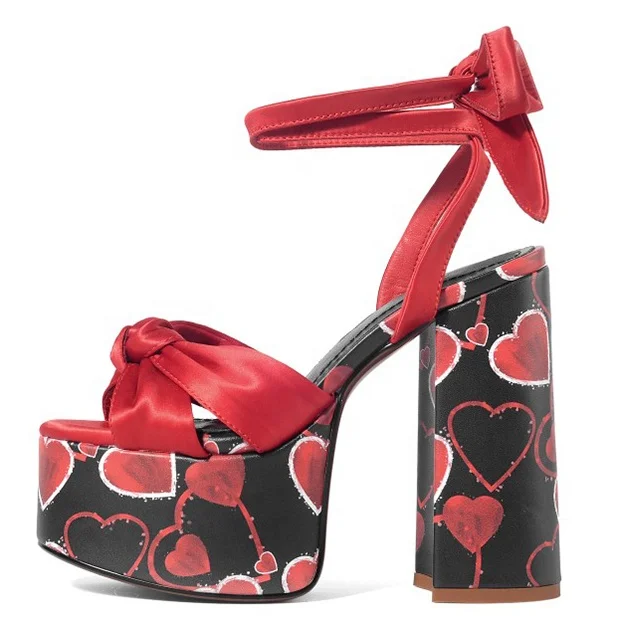 

Women's High Platform Sandals Heart-Shaped Stars Custom Dress Summer Shoes Chunky Heels Pumps, Red black brown