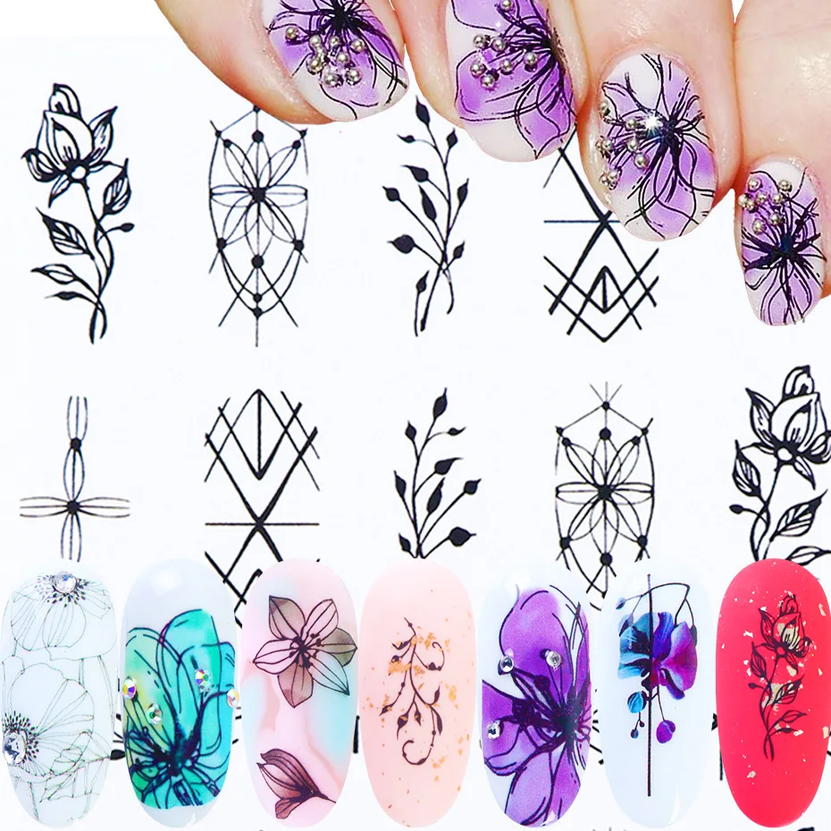 

2021 New 1pcs Black LInes Flower Vine Nail Water Sticker Leaf Lace Design Slider Nail Art Decal Beauty Foils Decoration
