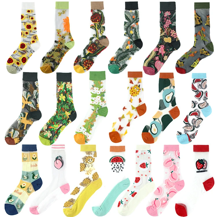 

European American style spring summer trendy women's socks thin mid tube socks flowers sheer socks, As pictures show/any color you want