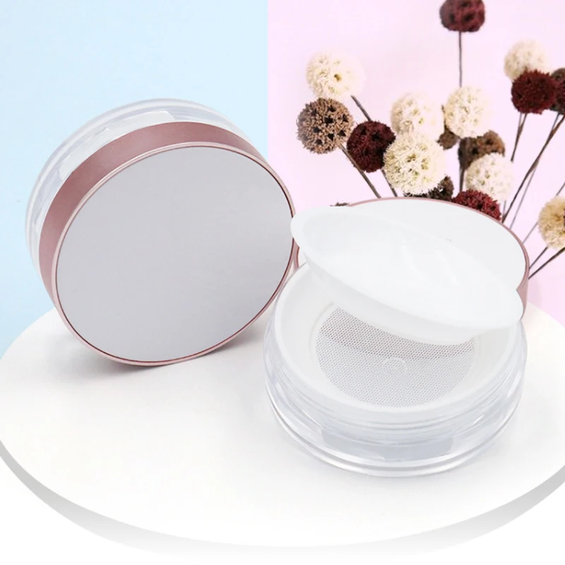 

Round Cosmetic Makeup Powder Packaging Container Empty Plastic Loose Powder case with Elastic Sifter