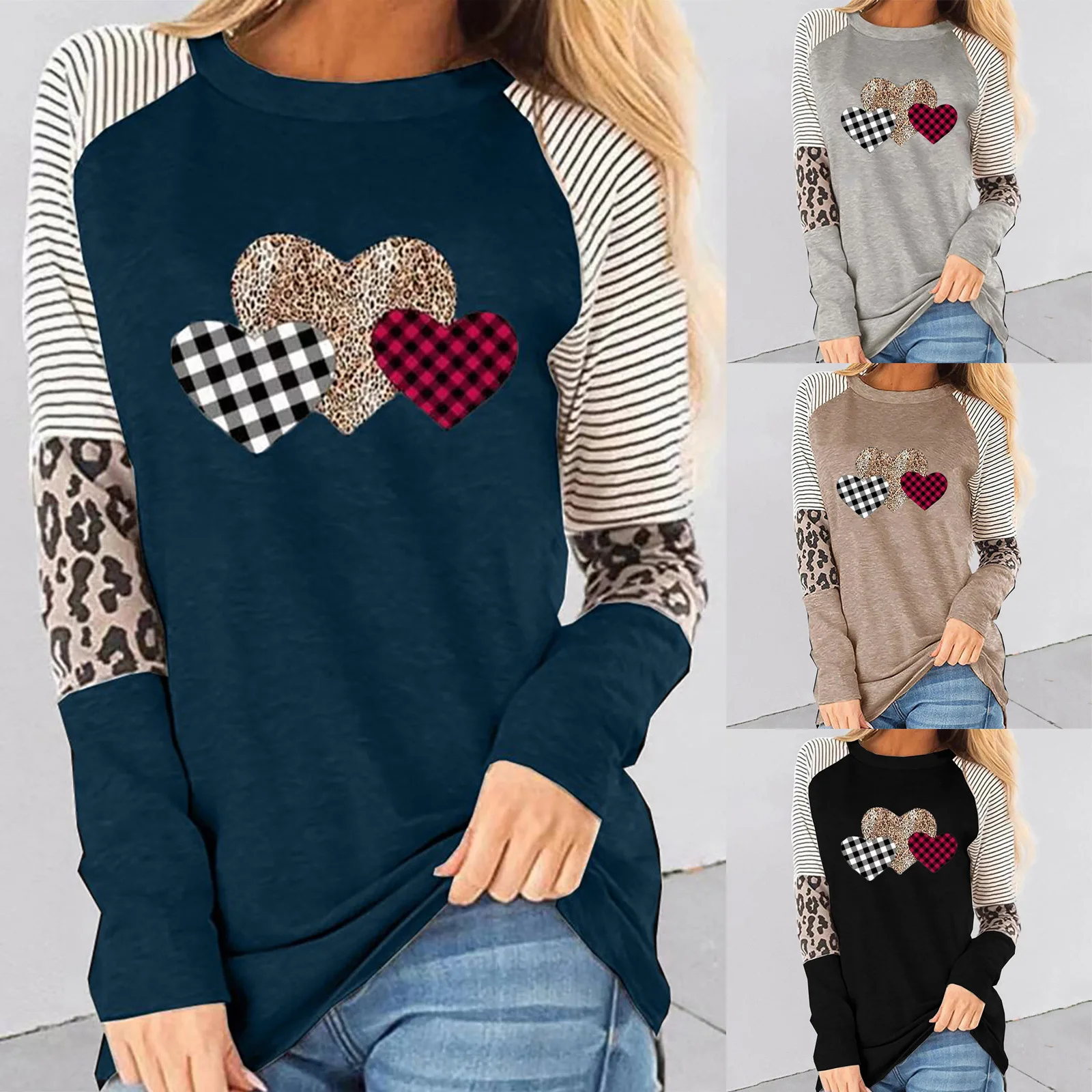 

Autumn 2020 Valentine's Day New Long Sleeve Stitching Hot Sale Casual T-Shirt Round Neck Loose Top