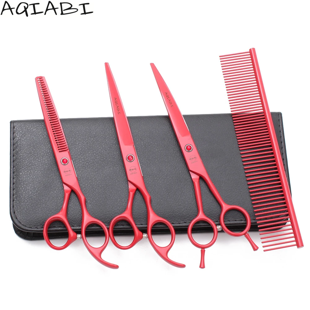 

Animal Scissors 7" AQIABI JP Steel Dog Grooming Scissors Straight Shears Thinning Shears Pet Scissors A3102, Red handle