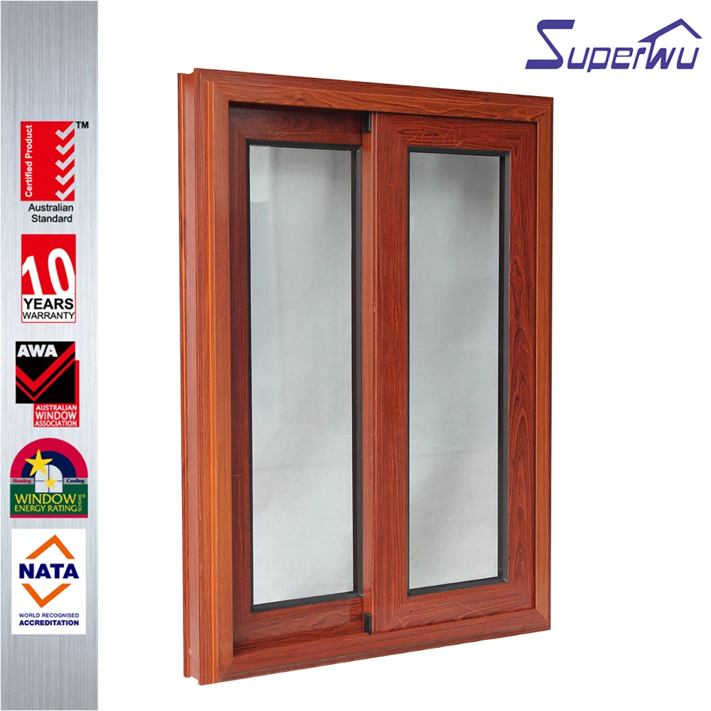 Wooden grain timber finished tempered glass aluminum frame sliding windows