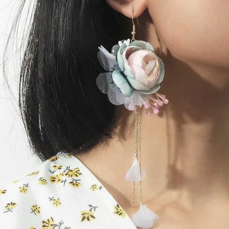 

Risingmoon Fashion Statement Designer Vintage Cute Rhinestone Long Drop Fabric Flower Earrings Jewelry for Women