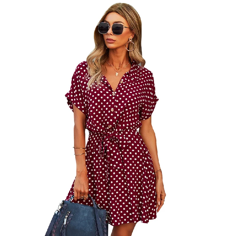 

Polka Dot A-line Dress Summer Women Turn-down Collar Short Sleeve Print Dress Loose Casual Short Dresses With Belt