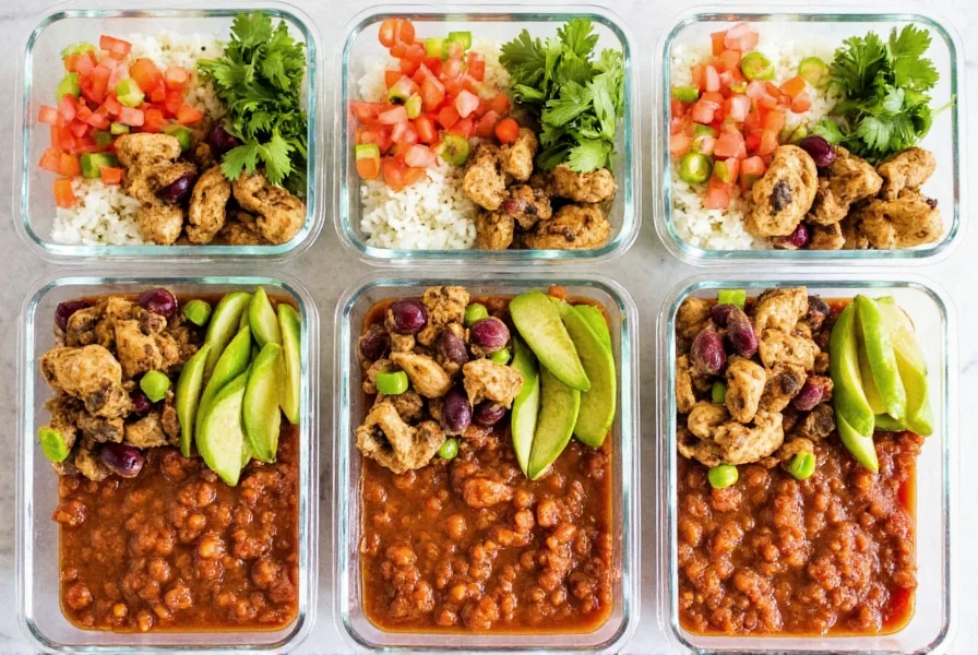 Meal prep containers filled with high protein chili, showing portion sizes with fresh garnishes