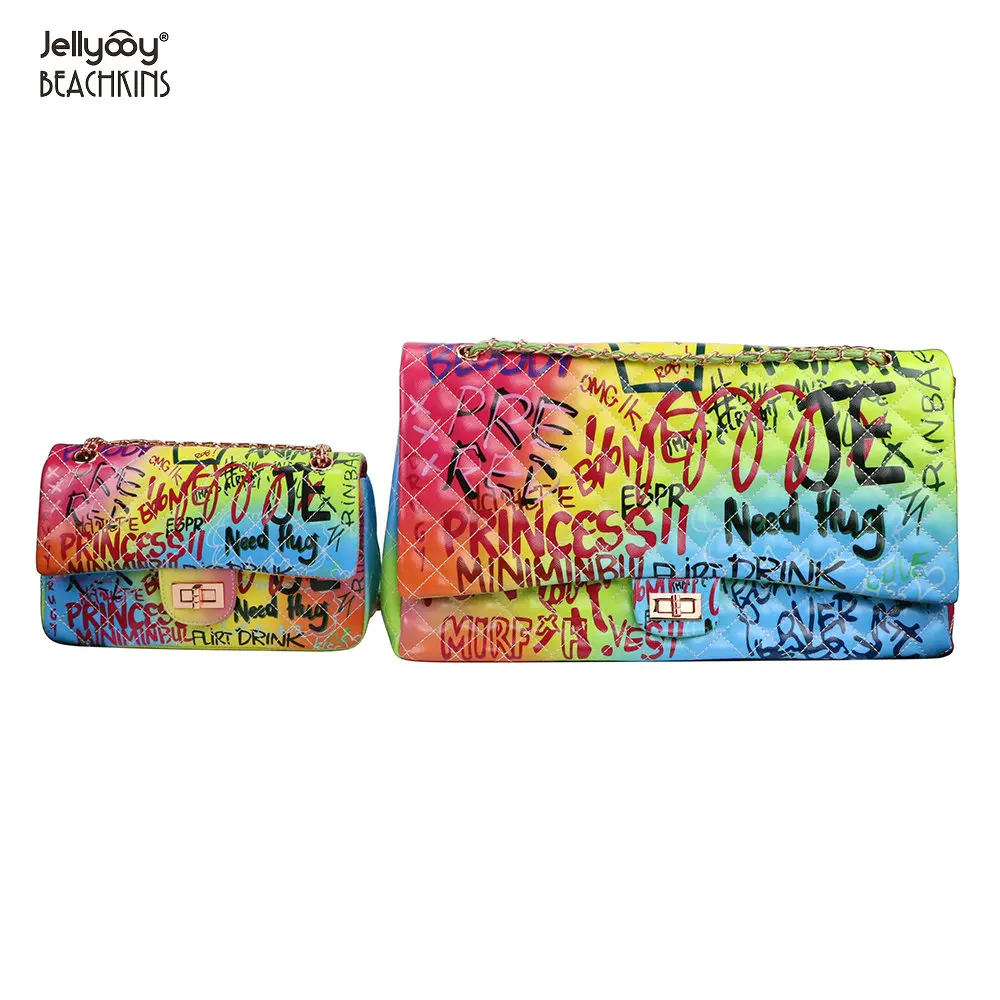 

Jellyooy BEACHKINS Colorful Painted Graffiti Bags With Gold Hardware Ins Girl Graffiti Chain Bag Large Capacity Handbag