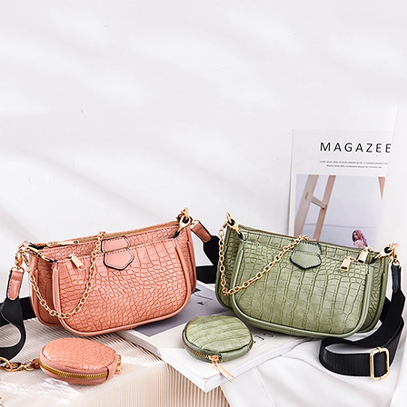 

Luxury Crocodile Pattern 3 In 1 Chain Phone Purses Custom Messenger Crossbody Bag For Women, Black, red, green or customized