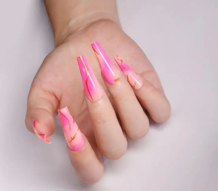

24Pcs Hot Selling Nail Paste Rose Long Ballet Nail Dyed Golden Line Wearable Removable Artificial Fingernails, Pink