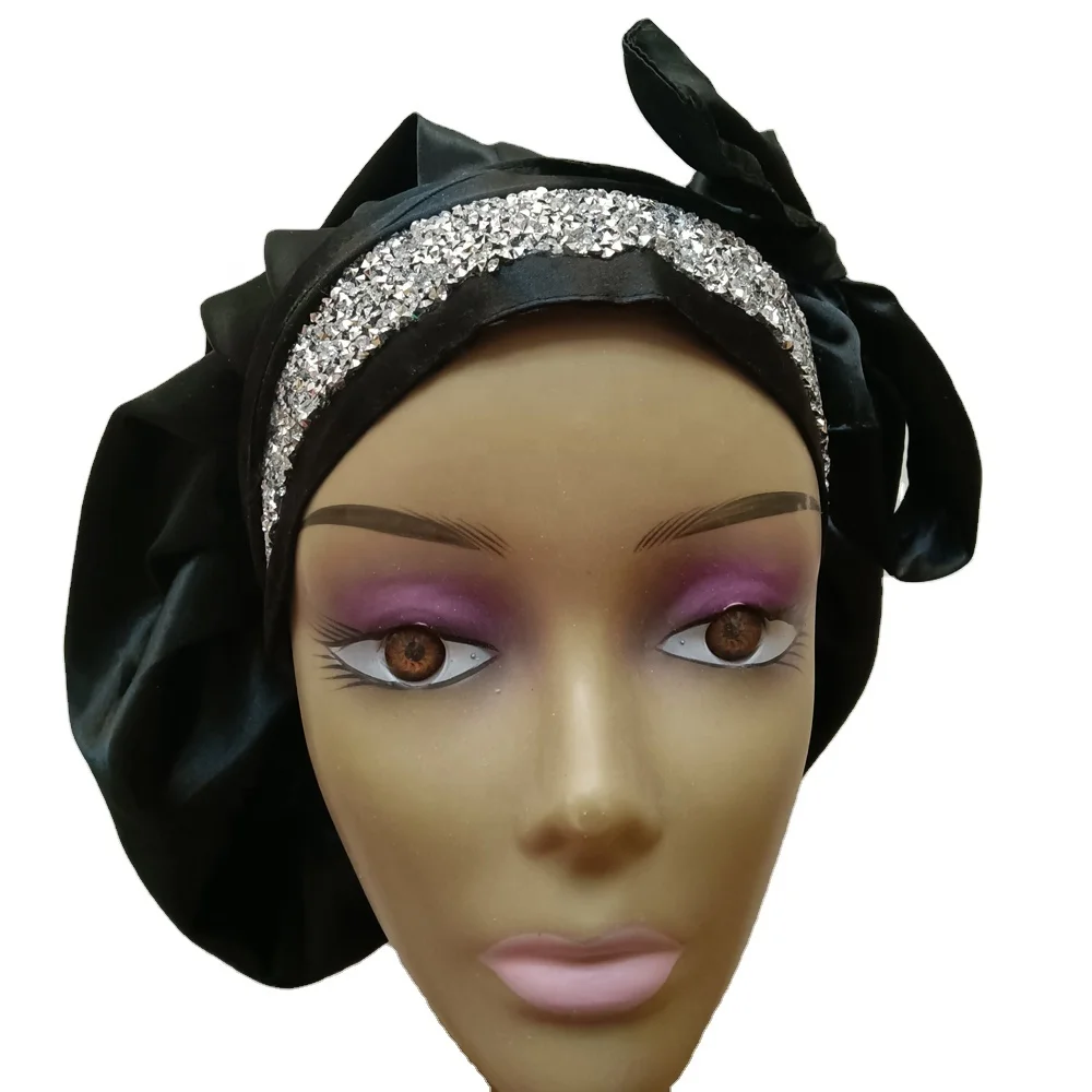 

35cm Dia Satin Headwrap Tie Cap Wide Band Bling Bonnet For Women Braids Hairs Rhinestone Sleep Caps, Customize