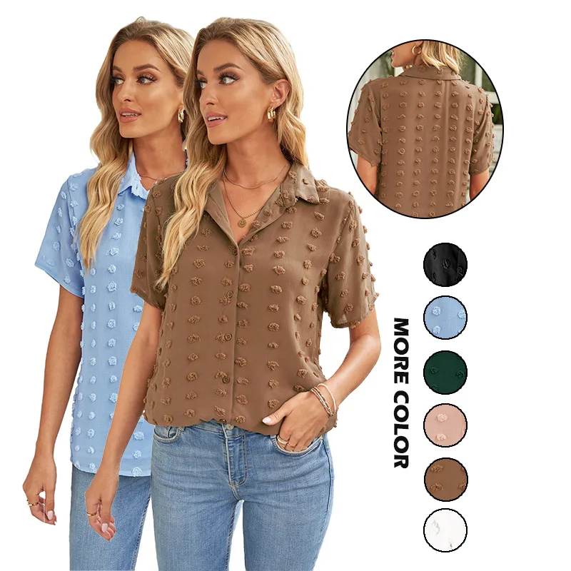 

2021 Wholesale Fashion Blusas Summer Short Sleeve Blouse Swiss Dot Casual Tops Shirts For Women