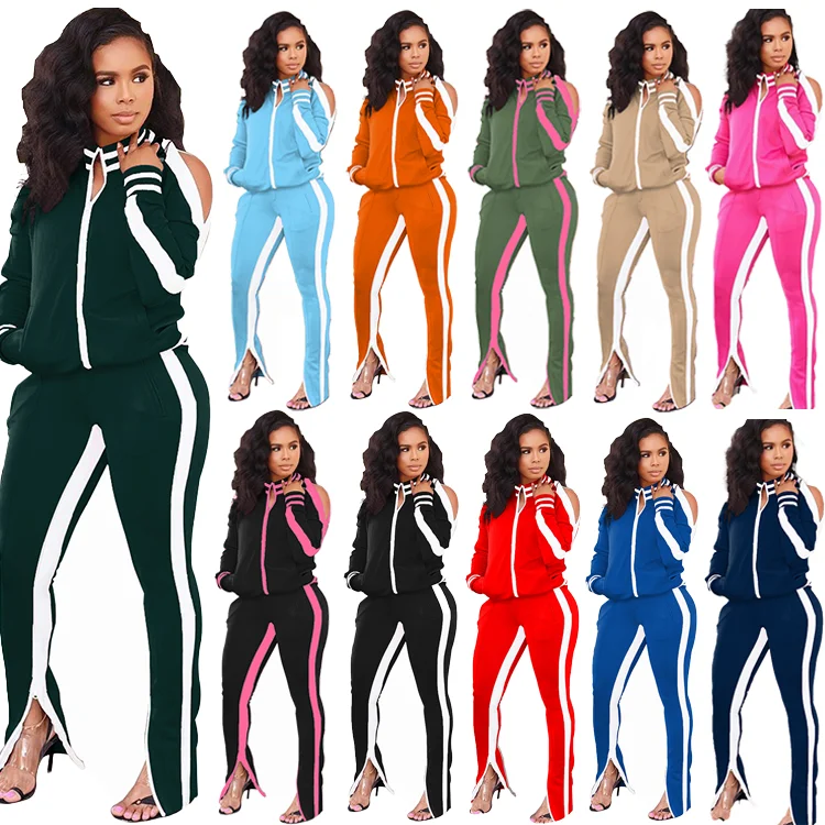 

2021 Latest Design Fall Lady 2 Piece Sets Long Sleeve Split Patchwork Bodycon Sweatsuit Autumn Women Two Piece Sets