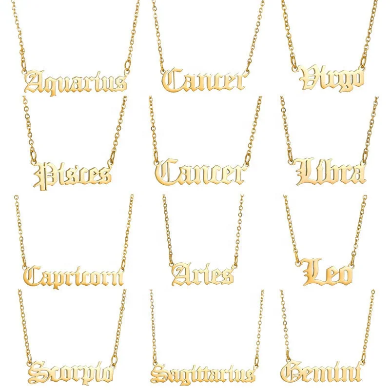 

Personalized Old English Zodiac Necklace Custom Stainless Steel Letter Necklace Nameplate Horoscope Necklace Jewelry, Silver, gold, rose gold;customized color