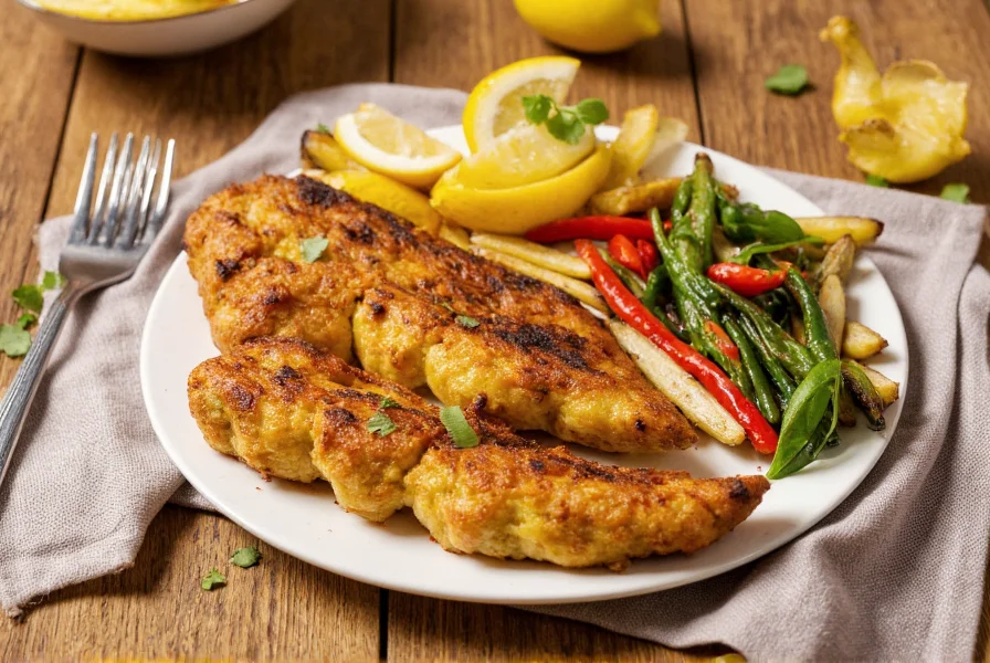 Lemon pepper steppers served with roasted vegetables and lemon wedges on wooden table