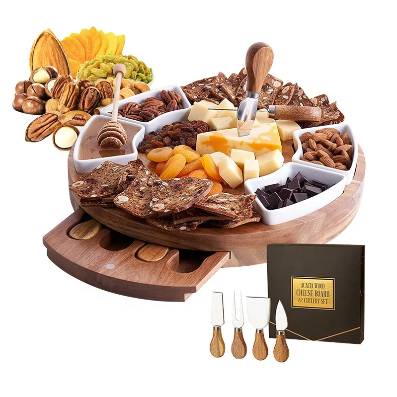 

Sublimation wooden cheese cutting board set with knife charcuterie board platter tray round wood cheese board set