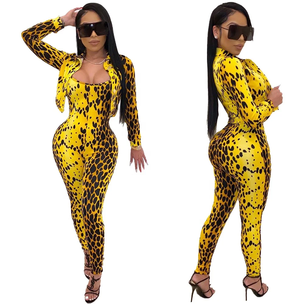 

B62281A Fashionable leopard print long sleeve halter jumpsuit, As picture