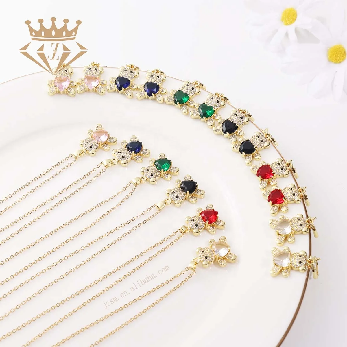 

Wholesale Trendy Earrings Necklace Jewelry Sets White Red Blue Crystal Rhinestone Zircon Copper Love Heart Teddy Bear Set, 6 colors