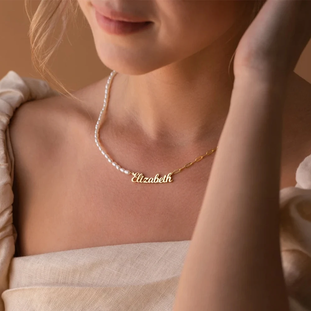 EManco Ladies' Trendy Stainless Steel Paperclip Chain Necklace Customizable Freshwater Pearl Diamond Wholesale Fashion Jewelry