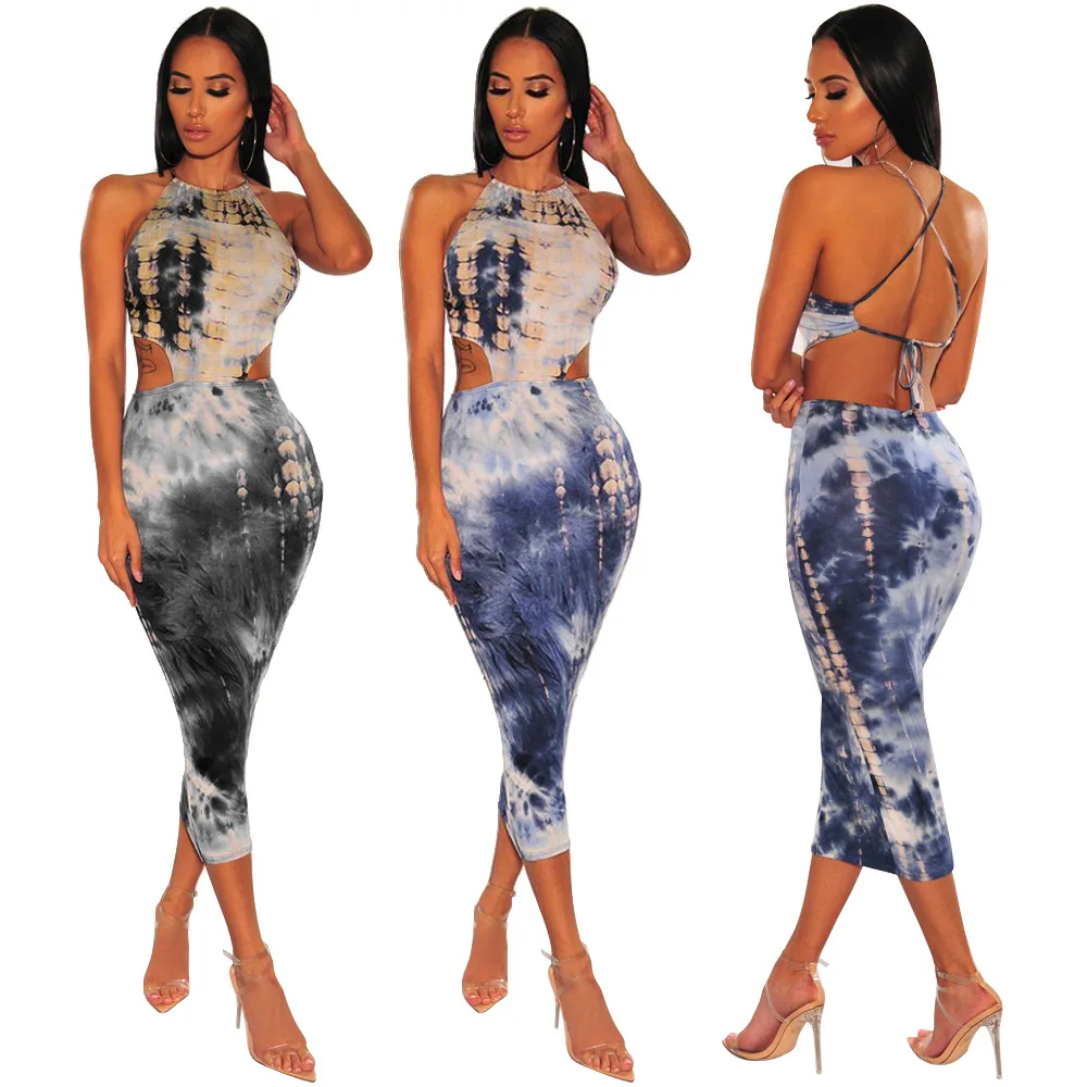 

women personality sexy backless print bodycon midi dress