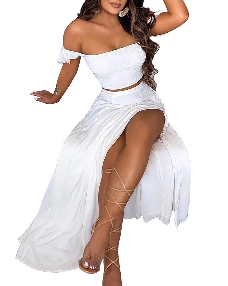 

N2571 2021 New Style Women's Ladies Dress Casual Fashion Evening Off Shoulder Crop Top Solid Color Woman Dresses